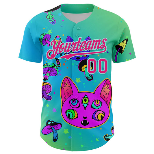 Maxcorners Custom Green Hot Pink-Ice Blue 3D Pattern Design Trippy Magic Mushrooms Cats Authentic Baseball Jersey LM2605