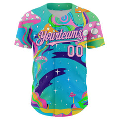 Maxcorners Custom Navy Light Pink-Purple 3D Pattern Design Trippy Psychedelic Magic Mushrooms Premium Baseball Jersey LM0210