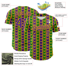 Maxcorners Custom Green Purple-Gold 3D Pattern Design Mardi Gras Shrove Tuesday Premium Baseball Jersey LM0210