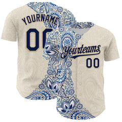 Maxcorners Custom Cream Navy Royal-Vegas Gold 3D Pattern Design Burner Costumes Paisley Premium Baseball Jersey LM0210