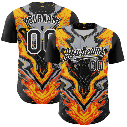 Maxcorners Custom Black Gray Orange Yellow-White 3D Pattern Design Rave Party Marble Lava Authentic Baseball Jersey LM0609