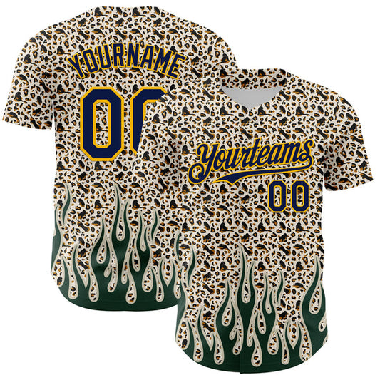Maxcorners Custom Cream Navy-Gold 3D Pattern Design Rave Party Animal Leopard Print Authentic Baseball Jersey LM0609