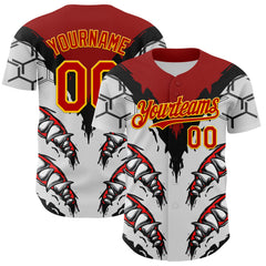 Maxcorners Custom White Red-Yellow 3D Pattern Design Burner Costumes Shark Teeth Premium Baseball Jersey LM0210