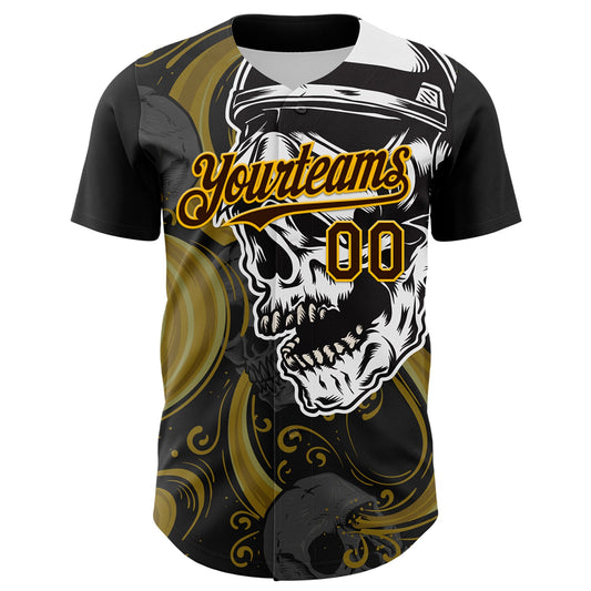 Maxcorners Custom Black Brown Yellow-White 3D Pattern Design Burner Costumes Skull Premium Baseball Jersey LM0210