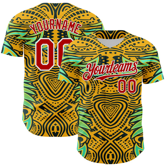 Maxcorners Custom Gold Red Black Green-White 3D Pattern Design Burner Costumes Tribal Premium Baseball Jersey LM0210