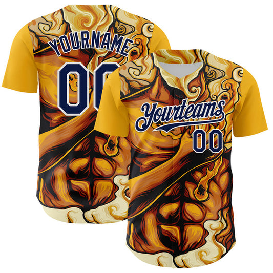 Maxcorners Custom Gold Navy-White 3D Pattern Design Burner Costumes Flame Authentic Baseball Jersey LM0609
