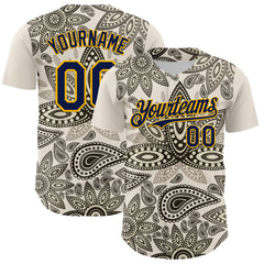 Maxcorners Custom Cream Navy-Yellow 3D Pattern Design Burner Costumes Paisley Bandana Premium Baseball Jersey LM0210