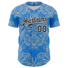 Maxcorners Custom Electric Blue Black-White 3D Pattern Design Burner Costumes Paisley Bandana Premium Baseball Jersey LM0210