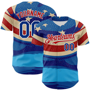 Maxcorners Custom Blue Royal Red-White 3D Retro American Flag Authentic Baseball Jersey LM0609