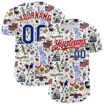 Maxcorners Custom White Royal-Red 3D American Flag Independence Day National Symbols Authentic Baseball Jersey LM2605