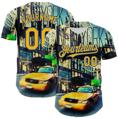 Maxcorners Custom Green Gold-Thunder Blue 3D Pattern Design New York Cityscape Statue Of Liberty Premium Baseball Jersey LM0210