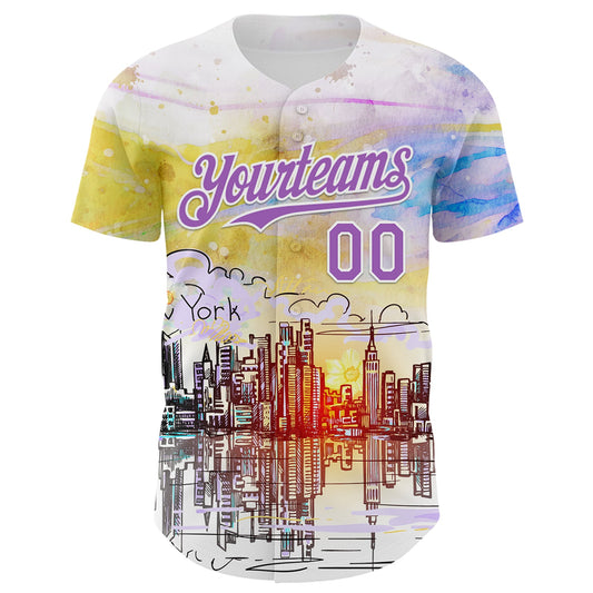 Maxcorners Custom White Medium Purple 3D Pattern Design New York Cityscape Sunrise Premium Baseball Jersey LM0210