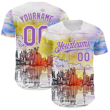 Maxcorners Custom White Medium Purple 3D Pattern Design New York Cityscape Sunrise Authentic Baseball Jersey
 LM0609