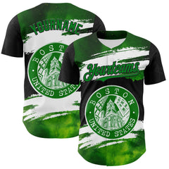 Maxcorners Custom Black Grass Green-White 3D Pattern Design Boston Cityscape Stamp Premium Baseball Jersey LM0210
