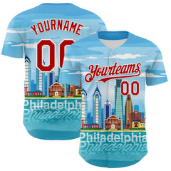 Maxcorners Custom Blue Red-White 3D Pattern Design Philadelphia Cityscape Skyline Premium Baseball Jersey LM0210