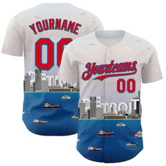 Maxcorners Custom White Fire Red-Blue 3D Pattern Design Detroit Cityscape Skyline Premium Baseball Jersey LM0210