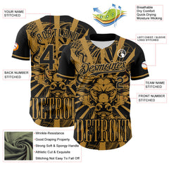 Maxcorners Custom Black Old Gold 3D Pattern Design Detroit Cityscape Steampunk Engine Bull Premium Baseball Jersey LM0210