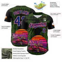 Maxcorners Custom Black Royal Green Fire Red-White 3D Pattern Design Detroit Cityscape Muscle Car Engine Premium Baseball Jersey LM0210