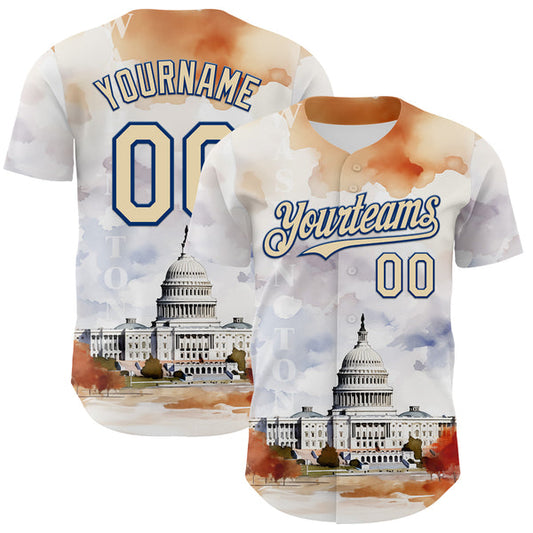 Maxcorners Custom White Cream-Royal 3D Pattern Design Washington Cityscape United States Capitol Authentic Baseball Jersey LM0609