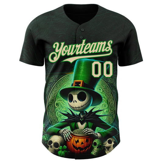 Maxcorners Custom Black City Cream-Grass Green 3D Halloween Spooky Pumpkin Authentic Baseball Jersey LM2605