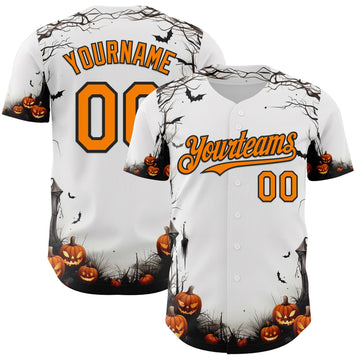Maxcorners Custom White Bay Orange-Black 3D Halloween Spooky Pumpkin Authentic Baseball Jersey LM2605