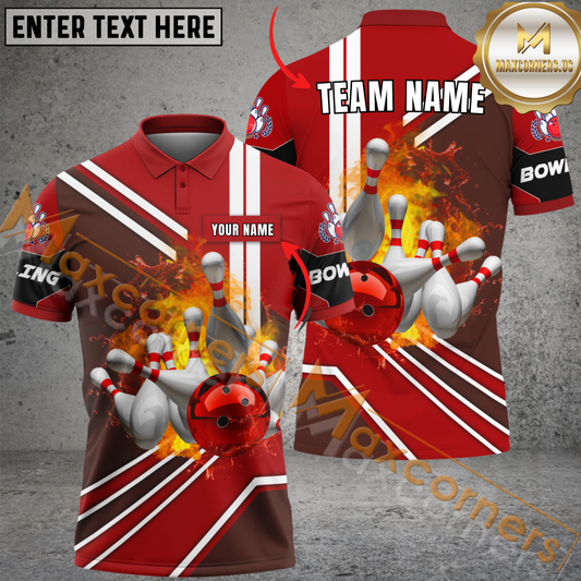 Maxcorners Ball Fire Bowling Jersey Multicolor Customized Name, Team Name 3D Polo Shirt (4 Colors)