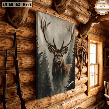 Maxcorners Deer Hunting Big Buck Elk Head Misty Pine Forest Wildlife Portrait Canvas Wall Art