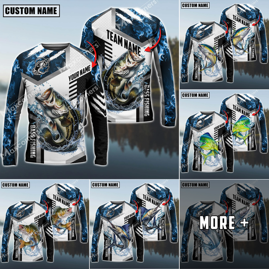 Maxcorners Fishing Blue Flame Sport Jersey Personalized Name, Team Name Long Sleeve Shirt (6 Fish Species)