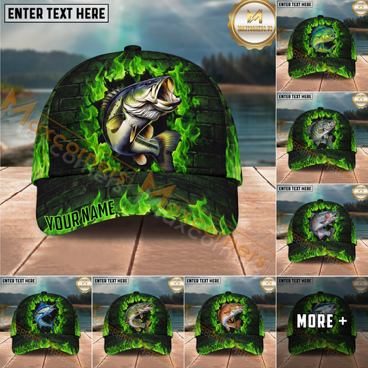 Maxcorners Fishing Green Flame Brick Wall Multi Options Personalized Name 3D Classic Cap (11 Fish Species)