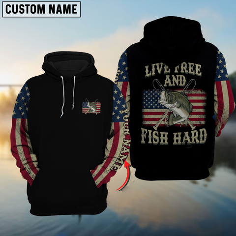 Maxcorners Live Free And Fish Hard Bass Fishing Personalized Name 3D Hoodie