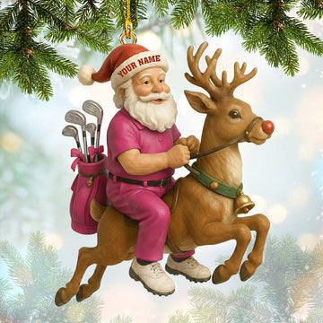 Maxcorners Pink Personalized Golf Santa Ornament â€“ Custom Name Christmas Ornament â€“ Funny Golf Xmas Gift for Players, Santa Riding Reindeer Tree Decoration MT1611