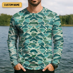 Maxcorners Green Camo Performance Fishing Shirts, SPF Shirt For Men, Hooded Fishing Shirt, Fishing Shirts For Men