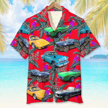 Maxcorners Personalized Classic Car Hawaiian Shirt, Purple Parrot Seamless Pattern, Custom Photo Car Aloha Shirts (Up to 5 photos)