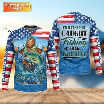 Maxcorners Born to Fish Forced to Work Bigfoot Fishing UPF Shirt – American Flag Fishing Shirt