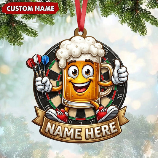 Maxcorners Darts Lover Happy Beer Glass Mascot, Target Board, Name Banner Personalized Name Ornament 2D Flat