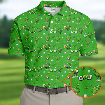 Maxcorners Three Leaf Clover Golf And Beer St Patrick's Day Green Golf Shirt, Fun Golf Shirts For Men, Polo Shirts For Men