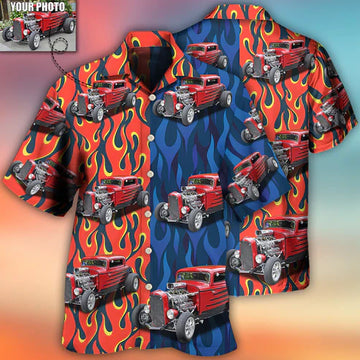Maxcorners Personalized Hot Rod Hawaiian Shirt, Fire Patern Custom Photo Car Aloha Shirts