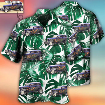Maxcorners Personalized Hot Rod Hawaiian Shirt, Palm Leaf Patern Custom Photo Car Aloha Shirts