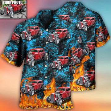 Maxcorners Personalized Hot Rod Hawaiian Shirt, Fire Patern Custom Photo Car Aloha Shirts Ver 2