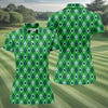 Maxcorners Lucky Four Leaf Clover Golf Ball Pattern Argyle Pattern St Patrick's Day Golf Shirt, Women's Golf Tops