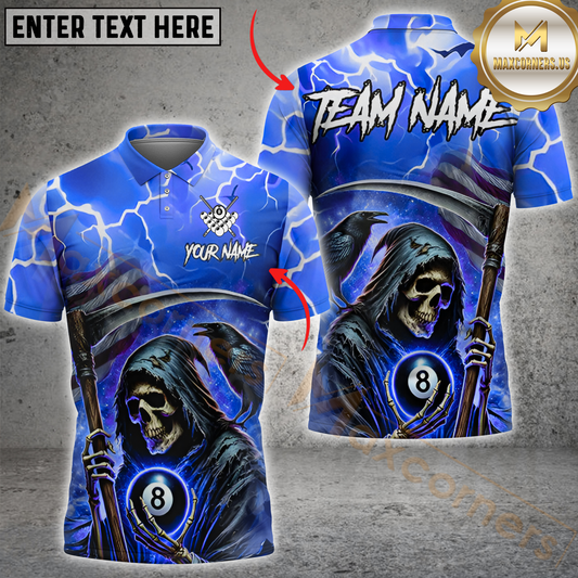 Maxcorners Billiard 8-Ball Pool Thunder Skull Multicolor Customized Name, Team Name 3D Shirt
