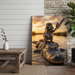 Maxcorners Raccoon Riding Alligator Holding Chainsaw at Sunset Canvas Wall Art