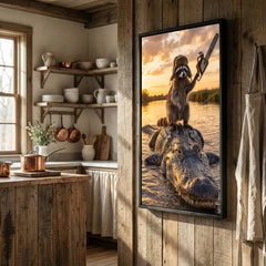 Maxcorners Raccoon Riding Alligator Holding Chainsaw at Sunset Canvas Wall Art
