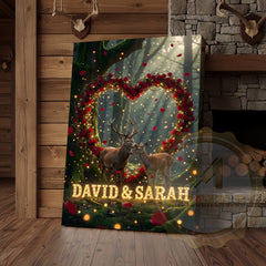 Maxcorners Deer Couple Rose Heart Forest Light Effect Personalized Name Canvas