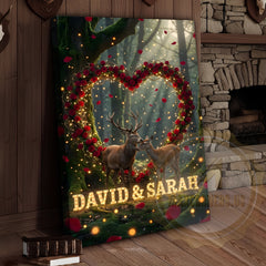 Maxcorners Deer Couple Rose Heart Forest Light Effect Personalized Name Canvas
