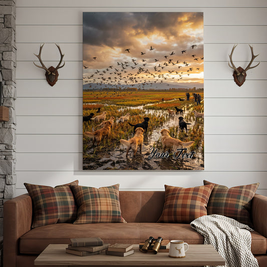 Maxcorners Duck Hunting Dogs Chasing Flying Ducks Personalized Name Canvas