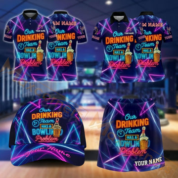 Maxcorners Bowling Neon Drinking Team Bowling Pins Design Personalized Team Sportswear Set - Polo Shirt, Cap & Skorts