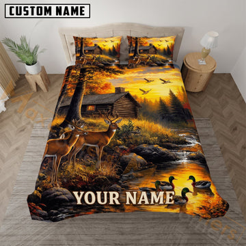 Maxcorners Deer Hunting Sunset Cabin Forest Custom Name 3D Bedding Set