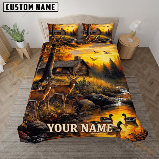 Maxcorners Deer Hunting Sunset Cabin Forest Custom Name 3D Bedding Set