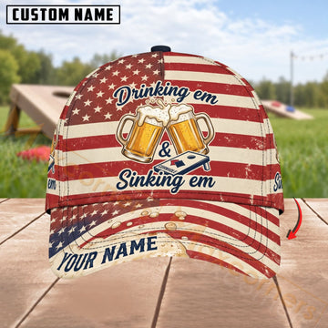 Maxcorners Cornhole Dunking Em & Sinking Em American Flag Design Personalized Name 3D Cap